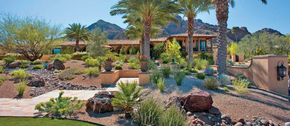 A desert garden with tall palms, boulders, agave and flowering shrubs in decomposed granite beside a curved lawn, mountains on the horizon.
